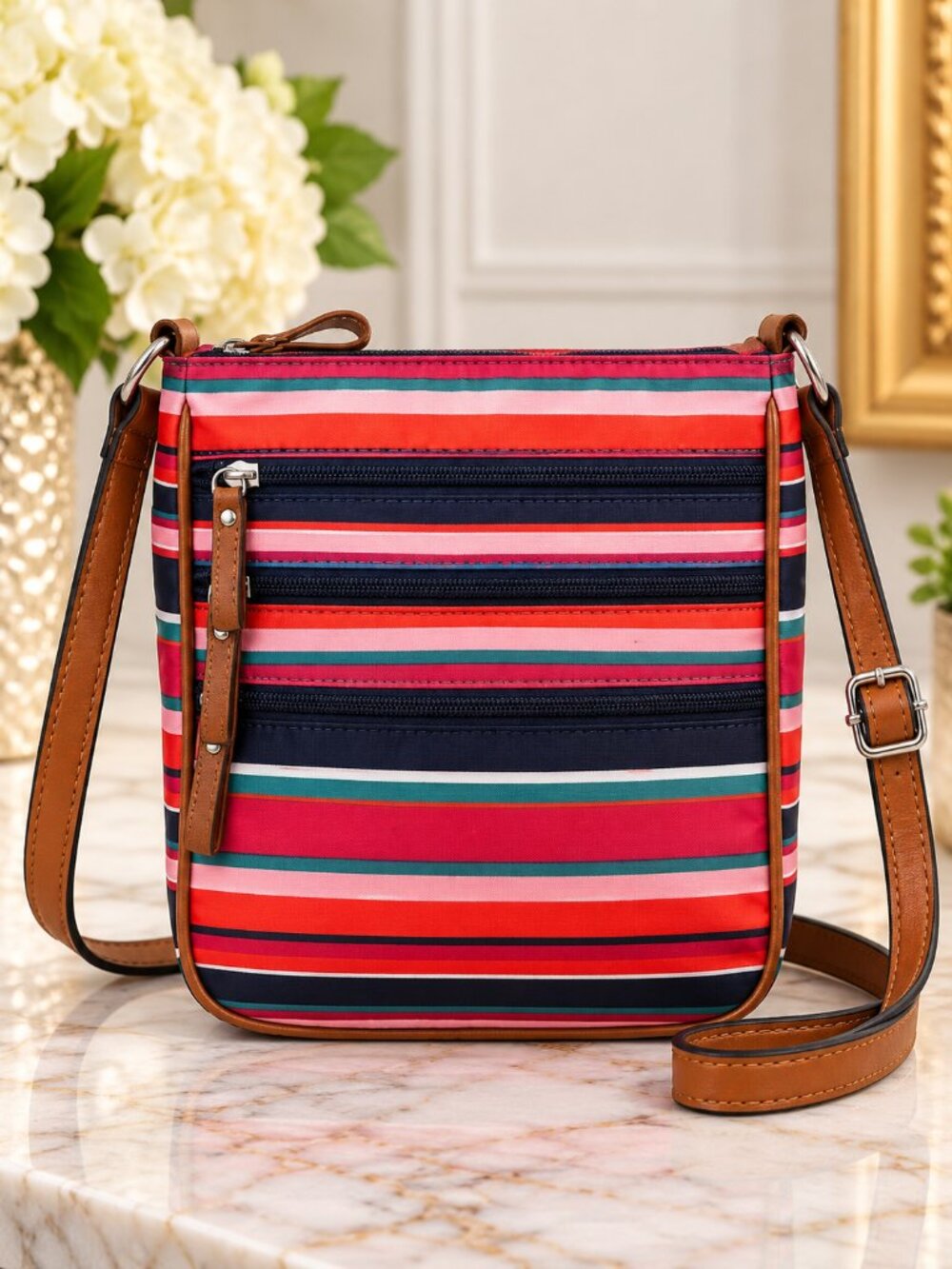 Laura Scott Multicolor Striped Crossbody Bag Triple Zip Adjustable Shoulder Purs